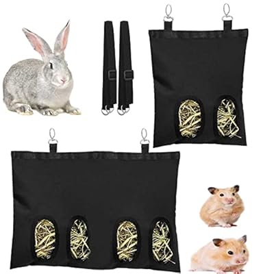 Rabbit Hay Feeder Bag 2PCS, Pig-Pet Hay Feeder, Long Wear Feeder Bag Black, Hay Bag Hanging Feeding Device Supply Rabbit, Toy Wear Bag Pet Essential Storage (Black4 Openings+ 2 Openings)
