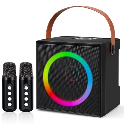 LAMA Karaoke Maschine mit kabellose 2 Mikrofonen Karaoke Anlage, Karaoke Lautsprecher mit RGB-Licht, Bluetooth Lautsprecher Box tragbare Mikrofon Lautsprecher System, Karaoke Set Karaoke Box, Schwarz