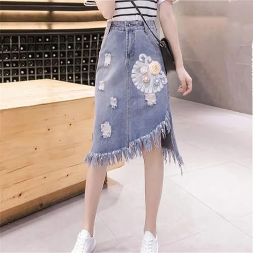 Women's Fringe Embroidery Midi High Waist Jeans Skirts Solid A Line Hole Denim Skirt4