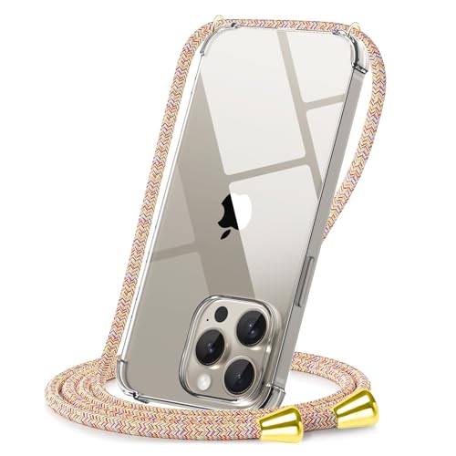 CAROKI Crossbody Case for iPhone 15 Pro Max,Necklace Mobile Phone Cover with Cord Strap Clear Transparent TPU Soft iPhone 15 Pro Max Cover Holder with Neck Cord Lanyard Strap-Rainbow
