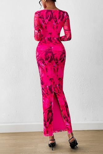 Image of PRETTYGARDEN Women's Long Sleeve Bodycon Dresses 2026 Spring Sexy Floral Mesh Slit Ruched Tight Maxi Wedding Guest Dress