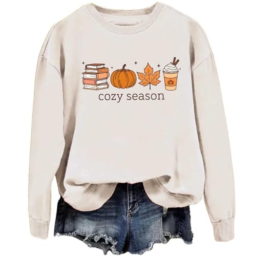 Image of TONGCHEN Cozy Season Fall Sweatshirt Autumn Pumpkin Books Coffee Casual Long Sleeve Crewneck Sweatshirts Girls (US, Alpha, X-Large, Regular, Regular, Khaki)