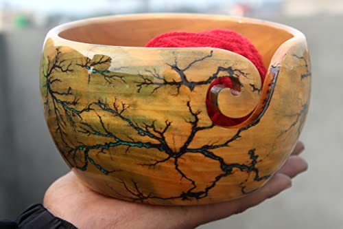 Wooden Yarn Bowl Crocheting Bowl Round Knitting Wool Storage Yarn Bowl Handmade with Holes with Crochet Hooks for Crocheting Knitting DIY Crafts Tools