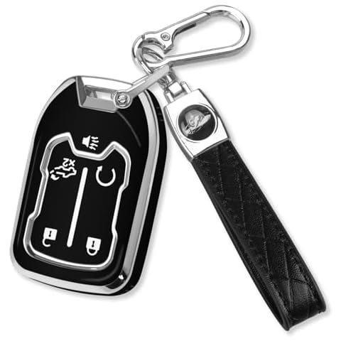QBUC for GMC Key Fob Cover with Keychain Chrome Silver Trim Soft TPU Protection Case Compatible with GMC Acadia Sierra Terrain and Chevy Silverado 1500 2500HD 3500HD 5-Button(Black) Cover