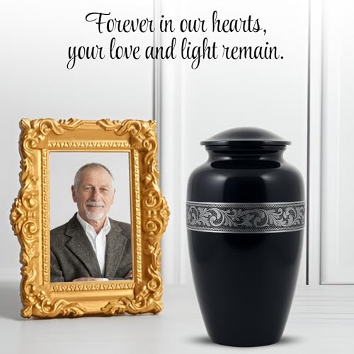 Image of Silver Engraved Aluminium Cremation Urn for Human Ashes Adult - Handcrafted Funeral Memorial Ash Storage Urn - Bag Included (Black, 6.5 inch x 6.5 inch x 10.5 inch - 200lbs or 91kg)
