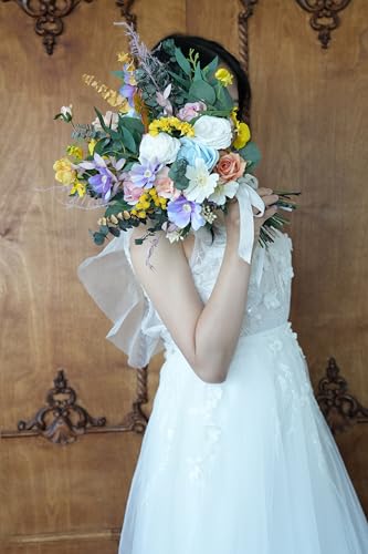 Ramo de boda Cosmos blanco y amarillo 12 pulg miniatura 2
