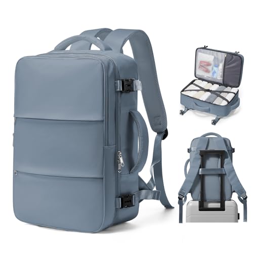 Pakembl Vacuum Backpack Travel with Pump Travel Backpack with Vacuum System Laptop Backpack Waterproof Carry On Casual Backpack 14/15.6inch with Shoes Compartment Grey Blue