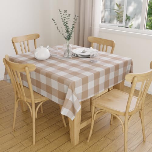 Image of Encasa XO Cotton Square Table Cloth for 4 Seater | (140x140 cm) | Buffalo Beige Checks | Dining Tablecloth for Decoration
