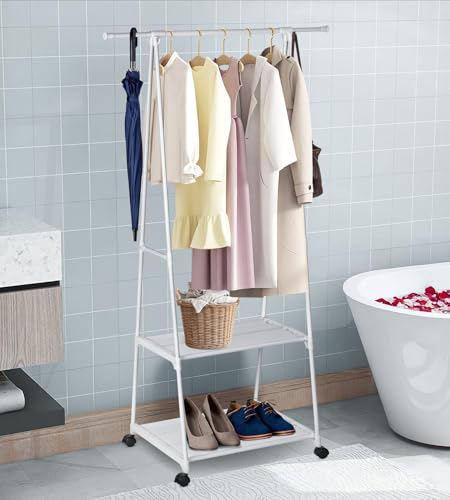 Miniatura 2 de T-Lovendo.Es Perchero Burro Con Barra Extensible, Estantería Y Zapatero Organizador De Ropa Con Ruedas Y Freno Estructura Metálica Resistente Y Ligera Blanco