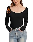 WOWENY Women's Long Sleeve Thermal Shirts Fleece Undershirt Scoop Neck Base Layer 4-in-1 Wearing Style Top Warm Slim Fit Tops Black M