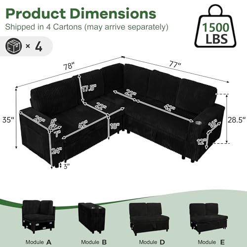 Image of Oversized Sectional Couch, L Shaped Corduroy Couch for Living Room, Sectional Sleeper Sofa with Pull Out Bed, Convertible Sofa Bed for Living Room, Bedroom and Apartment, Black