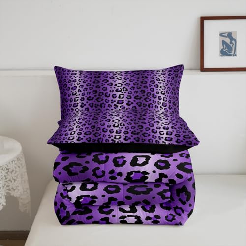 Image of Feelyou Purple Black Cheetah Comforter Set Queen Size, Boys Girls Leopard Bedding Set Safari Animal Fur Print Comforter Toddler Wildlife Duvet Set Bed Set 3Pcs