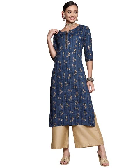 anubhuteeWomen's Rayon Navy Blue Sequinned Ethnic Motifs Printed Straight Kurta