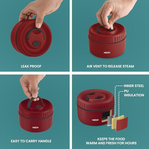 Image of MILTON Snack Box Big I Inner Steel, PU Insulated 510 ml I Leak Proof with Air Vent I Lunch Box for Office Use, School I Maroon