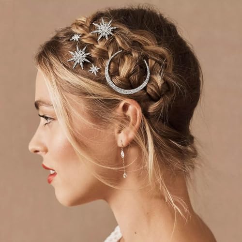 Bartosi HB-210 Rhinestone Moon Hair Clips Silver Star Hairpins Crystal Decorative Bobby Pin Bride Wedding Hair Pins Side Clip Hair Accessories cover