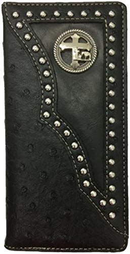 Men Wallet Western Bifold Check Book W011-30 Cross Praying Cowboy Ostrich Black