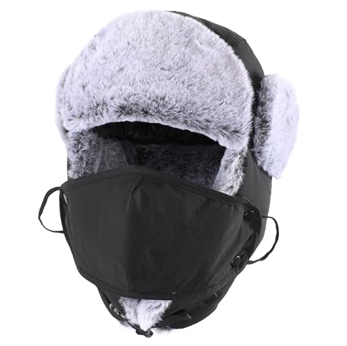 Connectyle Men's Trapper Hat with Face Mask Windproof Winter Hat for Men Thermal Faux Fur Hunting Hat Outdoor Black