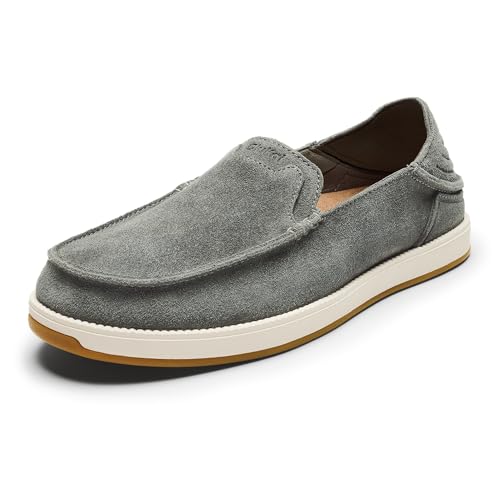 OLUKAI Kakaha Nia Men's Leather Sneakers, Supple Full-Grain Leather Shoes, Drop-in Heel & All Weather Rubber Soles, Ash/Ash, 13