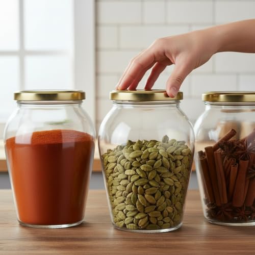 Image of ginoya brothers 1 Liter Matka Shape Glass Jar and Glass Container for Kitchen with Air Tight Lid-Pack Of 8