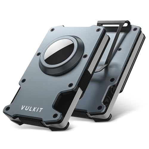 VULKIT Minimalist Slim Wallet for Mens with Money Clip- RFID Blocking with AirTag Holder Design Metal Wallet, Space Grey