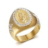 Christliches Paar-Siegelring-Set: Quadratischer Jesus (Männer) & Ovales Jungfrau Maria (Frauen), Edelstahl Vergoldet mit seitlichem CZ-Kreuz, Strass Religionsringe