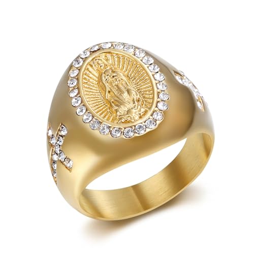 Bague Vierge Marie en acier doré de qualité supérieure ornée de zircons