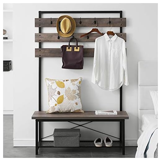 LIFUSTTG Farmhouse Hall Tree for Entryway, Wood and Metal Coat Rack with Shoe Bench, Storage Shelf Organizer, Accent Furniture with Metal Frame (47 Inch)