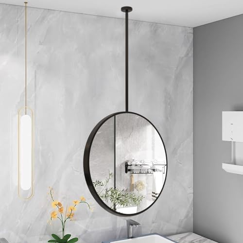 Espejo de pared con marco negro, espejo de baño redondo moderno con barra para colgar en el techo, espejos de vidrio simples flotantes decorativos para pared, hogar u hotel, espejo de tocador (tamaño