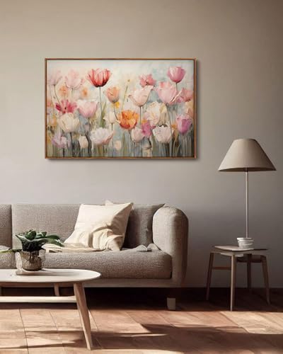 Image of KISSFOX Vintage Framed Wall Art Decor Rustic Blush Tulips Flowers Pictures Wall Decor Colorful Botanical Canvas Art Prints Farmhouse Still Life Paintings Artwork For Bedroom Kitchen Living Room