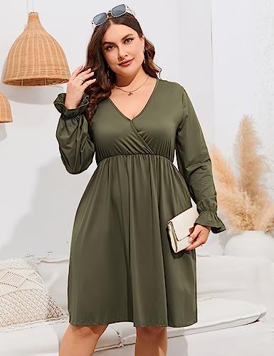 Image of ShopWonder Plus Size Dress Women's V Neck A-Line Knee Length Wrap Swing Dresses Plus Size A Line Party Mini Dress