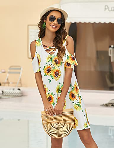 Image of Bluetime Women Cold Shoulder Summer Dress Short Sleeve Beach Casual Loose Swing Dress