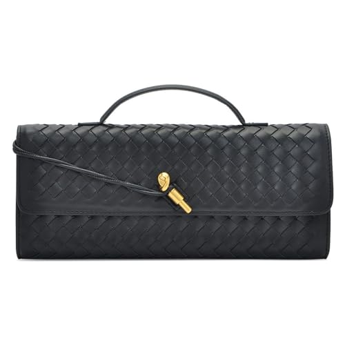NEWBELLA Women's Handmade Woven Clutch Purse - PU Leather Crossbody Bag for Evening & Casual, Adjustable Shoulder Strap Fashion Handbag (Black)