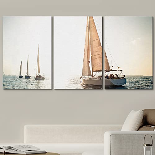 Wall26 Canvas Print Wall Art Set Sailboats On Sunny Ocean Horizon Ocean Nature Photography Realism Nautical Scenic Colorful Multicolor Ultra For Living Room, Bedroom, Office - 24"X36"X3 #TOP1