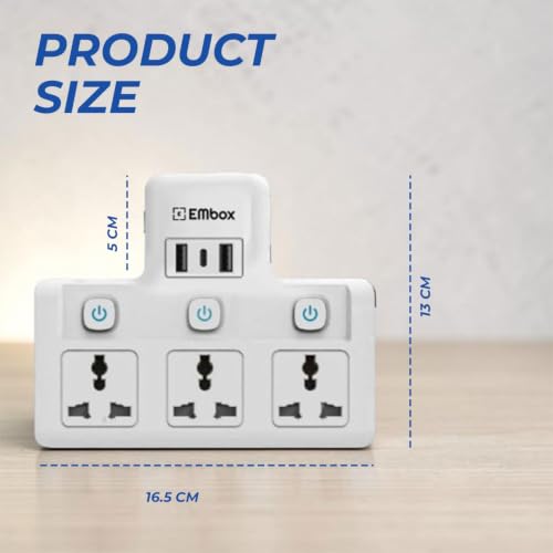 Image of EMBOX Multi Plug Adapter with Individual Switch| Cordless Extension Board with 3 Universal Sockets| Multiplug 1500W Super Saver