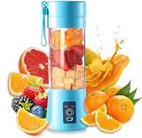 Mini-licuadora portátil con filtro de pulpa, cuchillas de acero inoxidable, recargable por USB, con vaso de 380 ml con mango para batidos, smoothies y jugos (Azul)