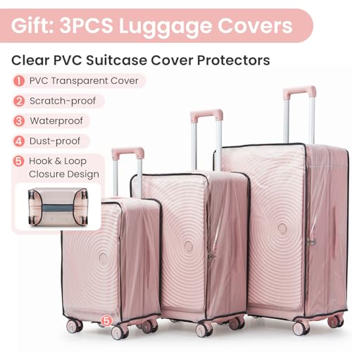 3 Piece Set Suitcase, Expandable Carry On Luggage with TSA Lock, Airline Approved Lightweight PC Hardside Suitcase with Wheels, Travel Harshell Spinner Luggage for Women Man (Pink, 20/24/28)2