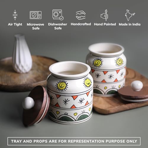 Image of Ceramic Jar & Container for Kitchen Storage Set | Multi Utility Air Tight Kitchen Organizer Items | Tea Coffee Sugar Containers with Wooden Lids (Hand-Painted, 450 ML, Pack of 2)