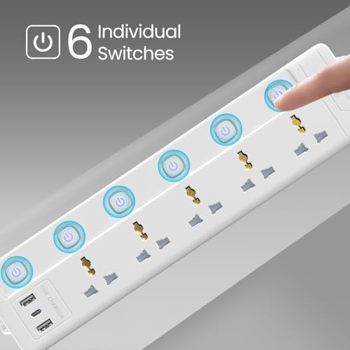 Image of 7-in-1 Power Strip with High Electrical Conductivity | 4 AC Extension Sockets, 2 USB Ports, Type-C Port | Extension Cord with UK Plug Spike Guard Protector for Home, Office, Kitchen, PC