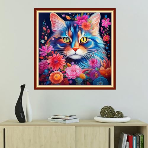 Image of Foxhool Beginners Cross Stitch Kits Stamped Full Range of Embroidery Kits for Adults DIY Cross Stitches kit Embroidery Patterns for Needlepoint kit-Colorful Cat 18x18 inch