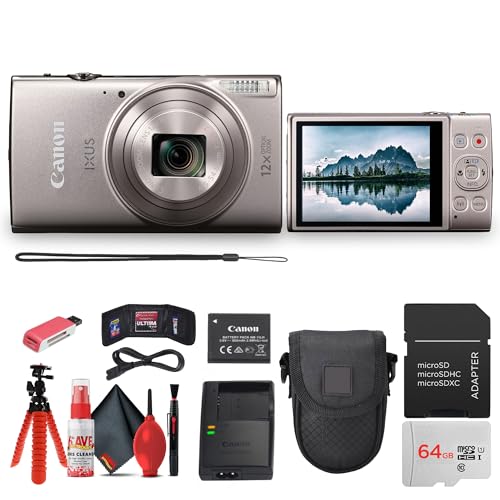 Canon PowerShot IXUS 285 HS A Digital Camera (Silver) 12x Optical Zoom Wi-Fi Enabled Point & Shoot with 64GB Card, Case, Flex Tripod, Cleaning Kit + More