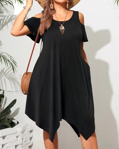 Pinup Fashion Plus Size Sundress - Summer Women Casual Cold Shoulder Handkerchief Hem Dress with Pockets4