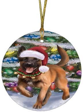 Christmas Express Delivery Red Truck Running Belgian Malinois Dogs Round Flat Ornament - Pet Decorative Hanging Ornaments for Christmas X-mas Tree Decorations - 2.75" Round Christmas Ornament