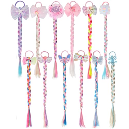 Peohud 12 Pcs Colored Braids Hair Extensions with Rubber Bands, 18 Inch Rainbow Ponytail Extension, Synthetic Braided Hairpieces for Women Birthday Party Cosplay Daily Dress Up