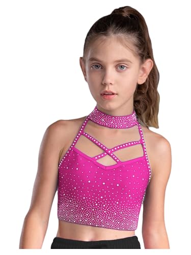 Chaoyinn Kids Girls Ballet Dance Top Shiny Rhinestone Crop Tank Top Yoga Training Shirts for Stage Performance Hot Pink 9-10 Years