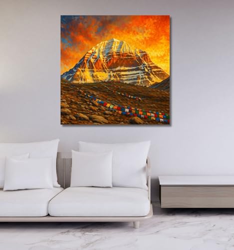Image of Kunj Cart Mount Kailash Painting | 10+ DESIGNS | Kailash Parvat Canvas Painting for Living Room, Temple Home & Office Wall Decoration (Mount Kailash, 24x24 Inch, Framed)