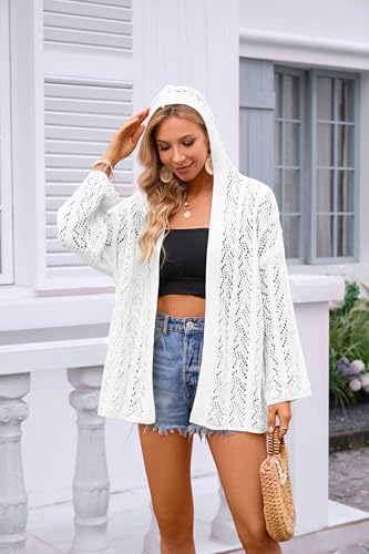 Image of Women's Lightweight Crochet Cardigan Sweaters Long Sleeve Open Front Knit Summer Boho Hooded Beach Cover up