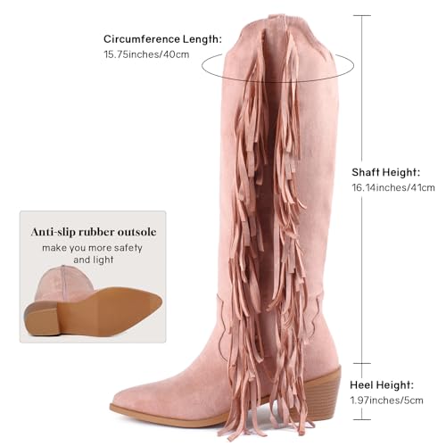 Image of KiutSymo Cowgirl Fringe Boots For Women White Tassels Cowboy Boots Knee High Pointed Toe Western Boots