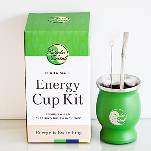 Circle of Drink - Energy Cup Yerba Mate Kit - Double Wall - Includes Stainless Steel Bombilla and Cleaning Brush - 8oz, 50g Capacity (GREEN)