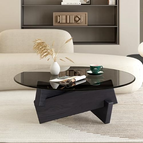 RUYICZB Mesa De Centro Redonda con Tapa De Vidrio, Mesa De Centro Pequeña con Base De Madera Resistente, Mesas Centrales De Madera para Sala De Estar, Mesas Centrales Circulares,Negro,80cm