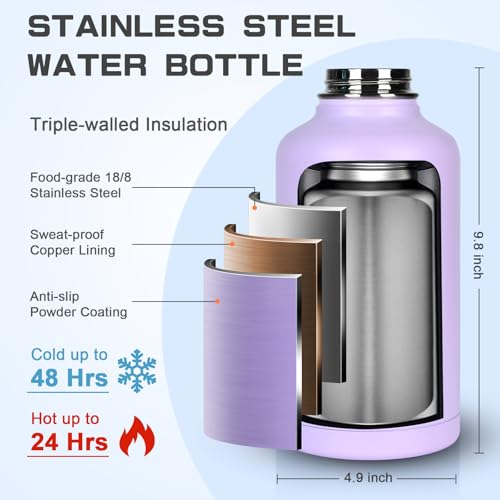 Image of GAZLEMHO Insulated Water Bottle 64 oz, Half Gallon Water Jug Cold 48H, BPA Free Stainless Steel Bottles with Straw /Chug 2-in-1 Lid, Bag, Paracord Handle, Silicone Boot, Sports Gym School Metal Flask